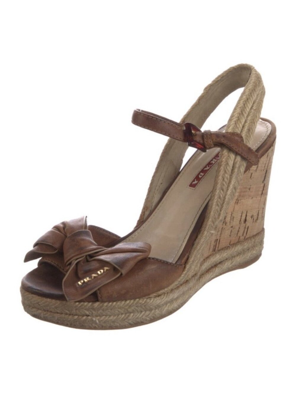 Prada Authentic Brown Leather Wedge Heel Espadrilles Sandals 6 - Picture 1 of 9